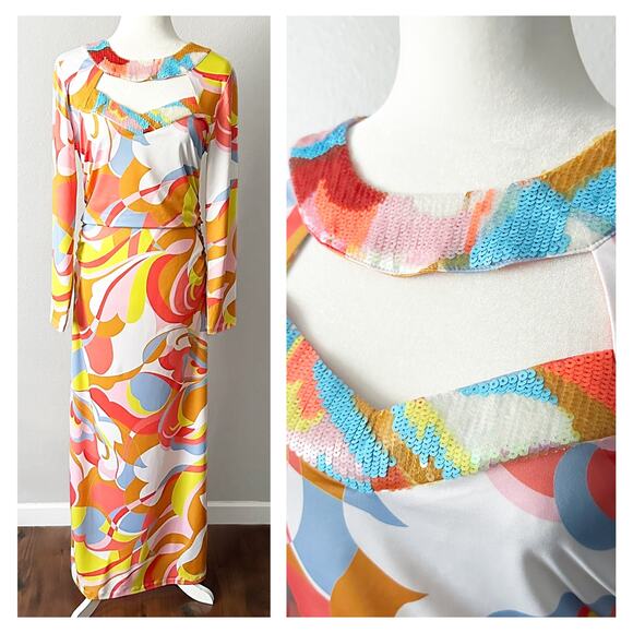 Boston Proper 70s Multicolor Funky Slinky Sequin Maxi Dress Women’s Size Medium - Picture 1 of 15